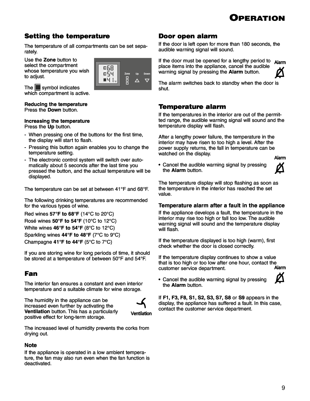 Liebherr WS 17800 manual Setting the temperature, Door open alarm, Temperature alarm, Operation, Reducing the temperature 