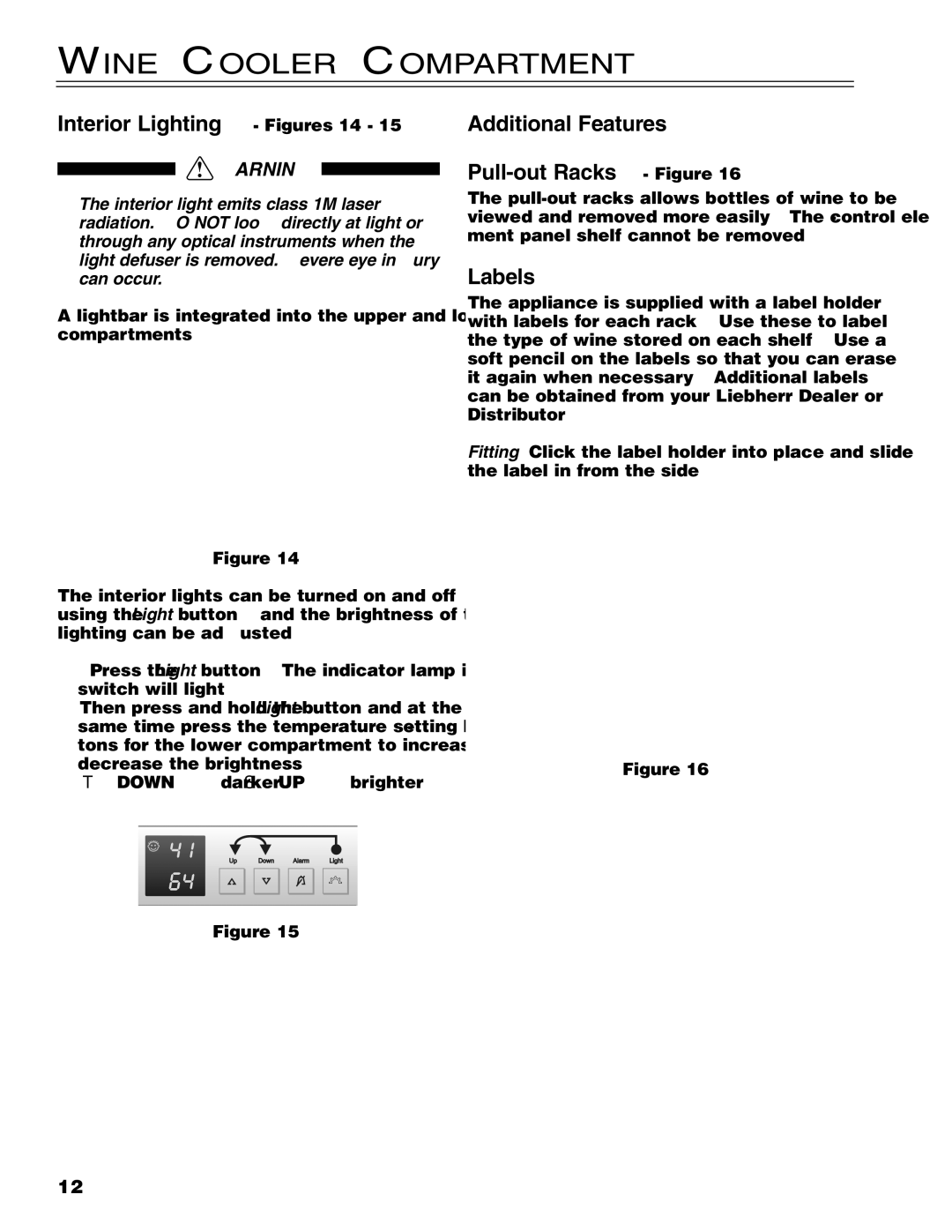 Liebherr WS 40 Wine Cooler Compartment, Interior Lighting Figures 14, Additional Features Pull-out Racks Figure, Labels 