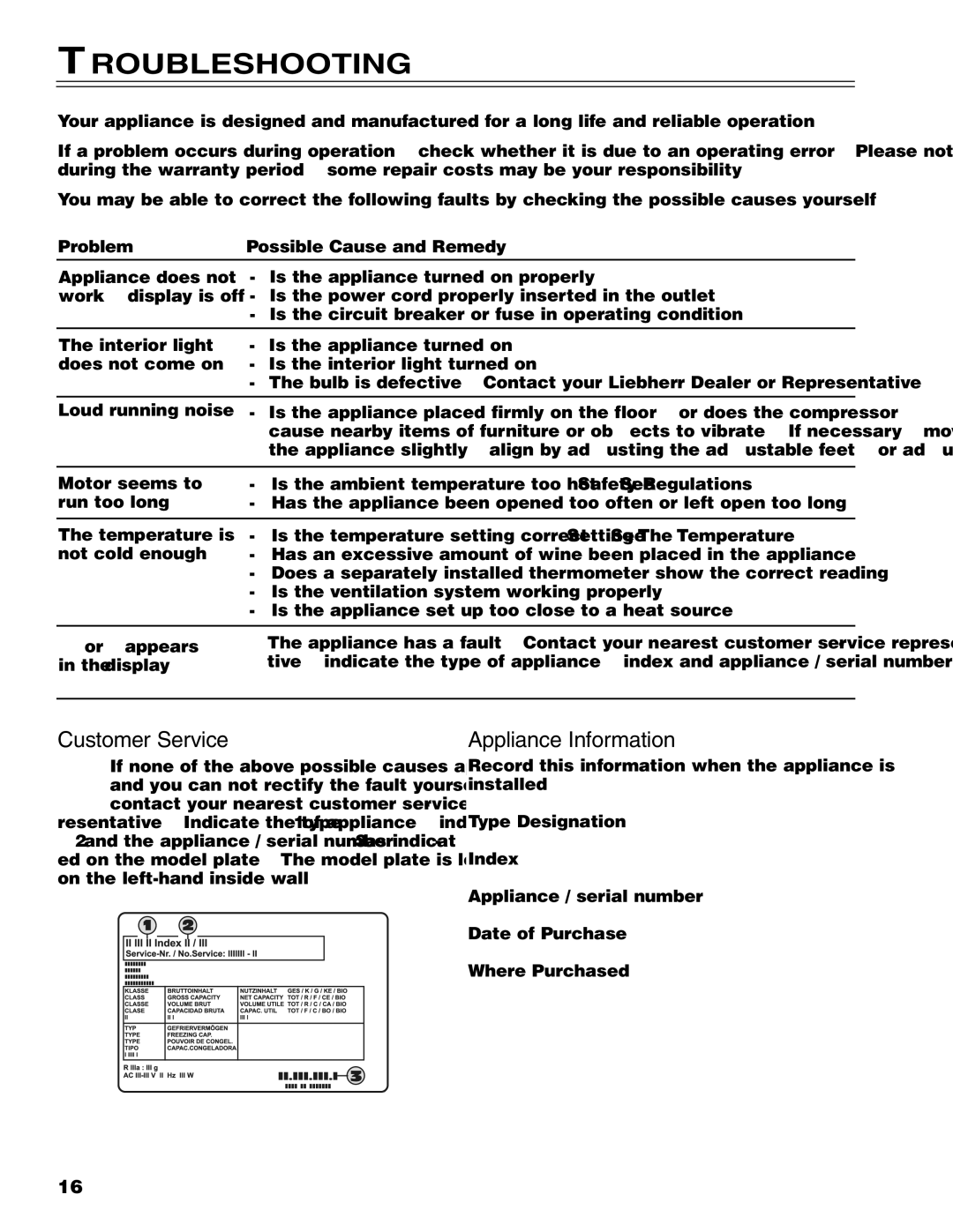 Liebherr WS 40 manuel dutilisation Troubleshooting, Customer Service Appliance Information 