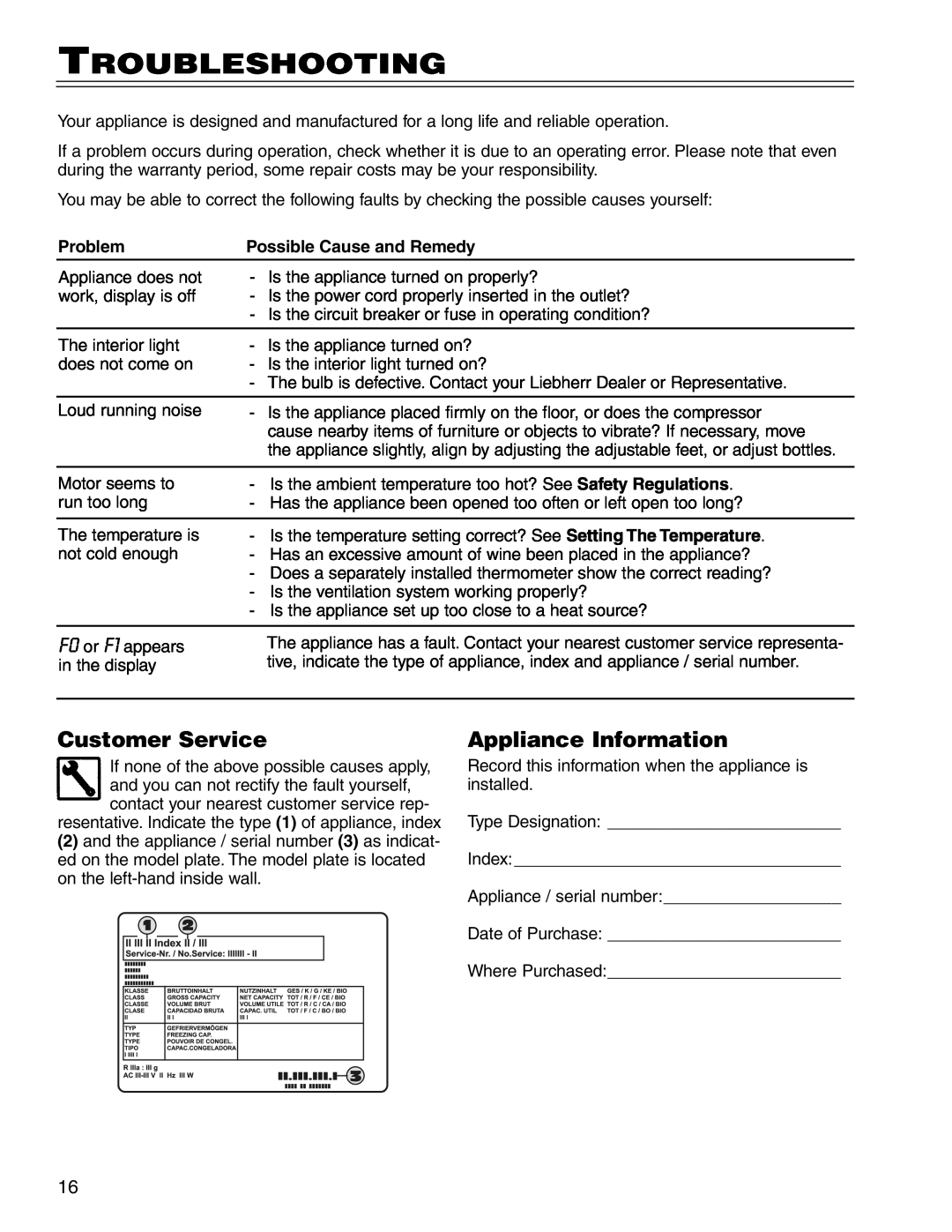 Liebherr WS 40 manuel dutilisation Troubleshooting, Customer Service, Appliance Information 