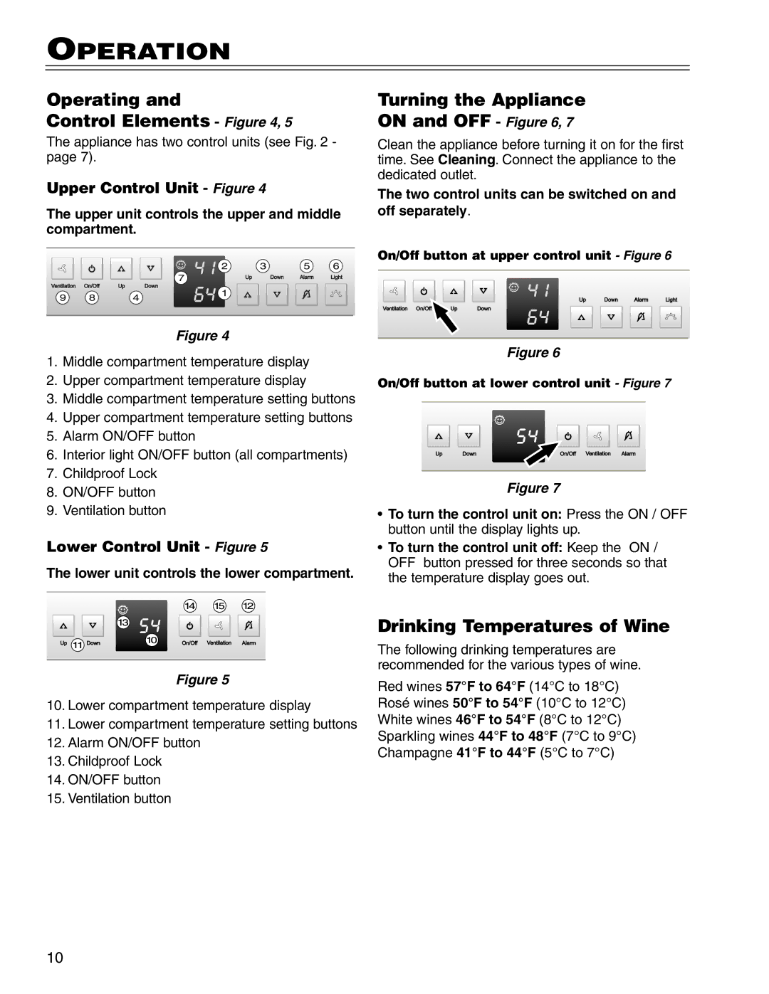 Liebherr WS14300 Operation, Operating Control Elements, Turning the Appliance On and OFF, Drinking Temperatures of Wine 