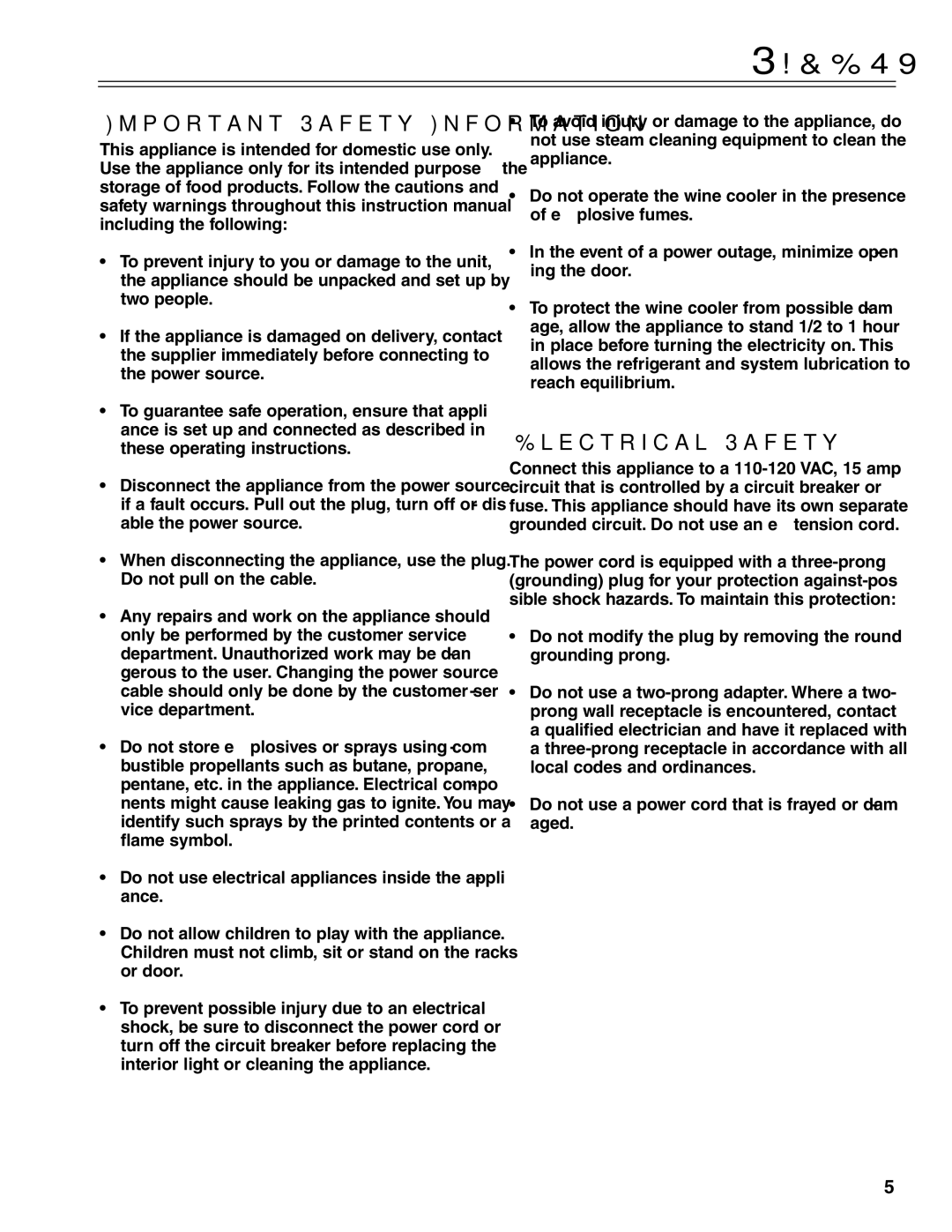 Liebherr WS14300 manual Important Safety Information, Electrical Safety 