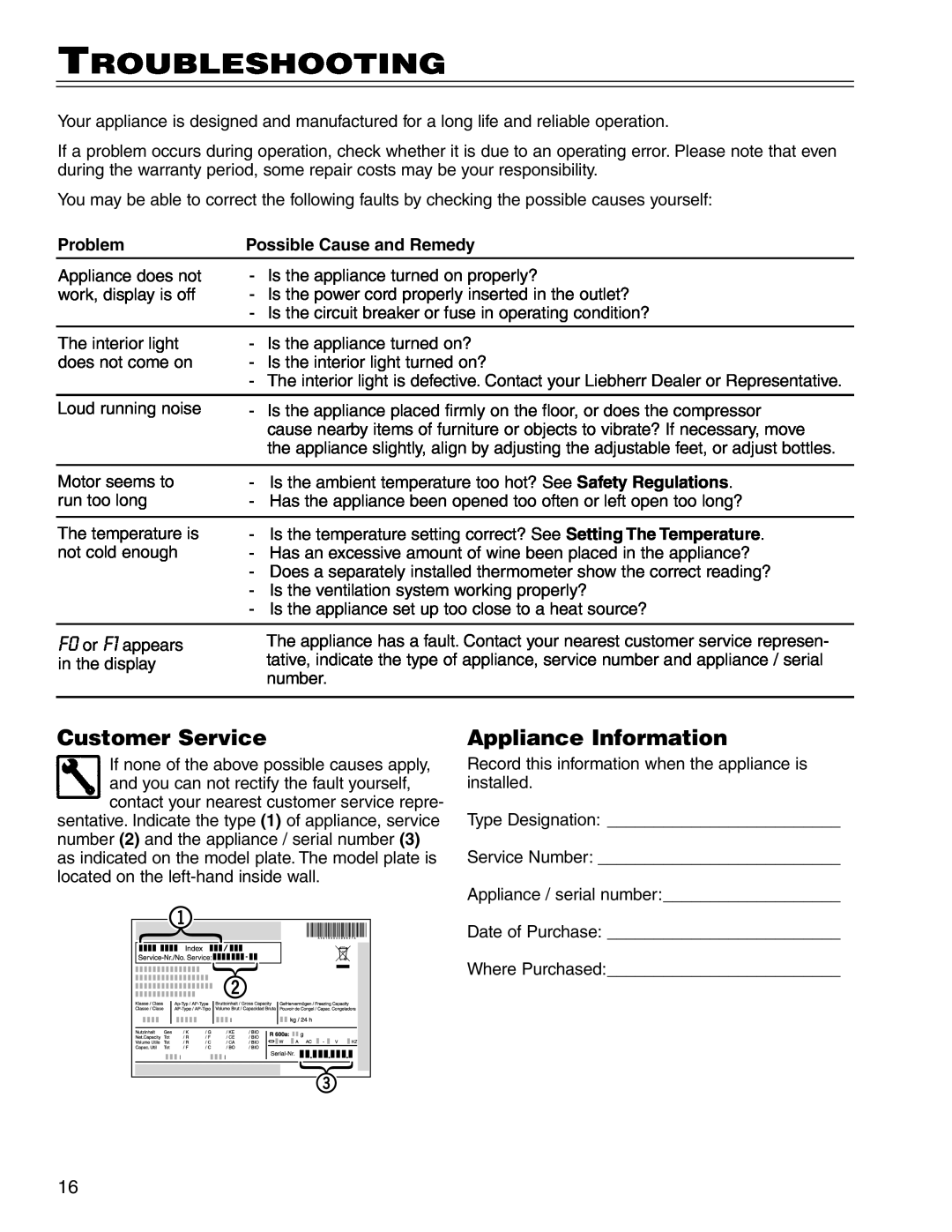 Liebherr WS14300 manual Troubleshooting, Customer Service, Appliance Information 