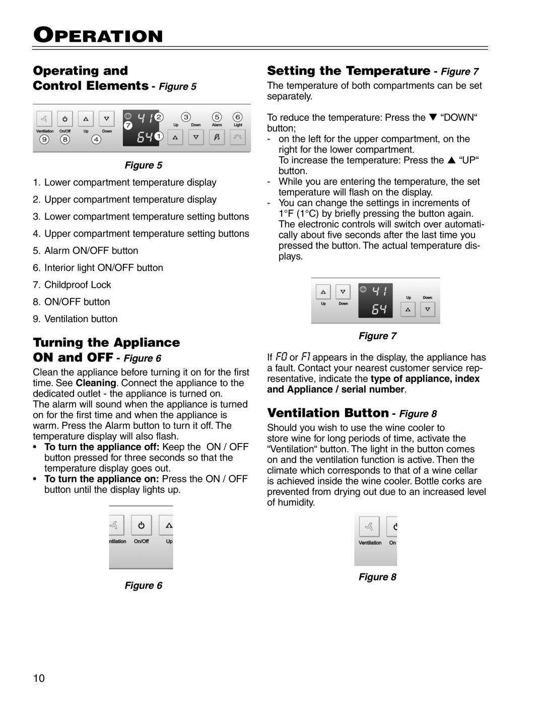 Liebherr WU 40 manual Operation, Operating Control Elements Figure, Turning the Appliance On and OFF Figure 