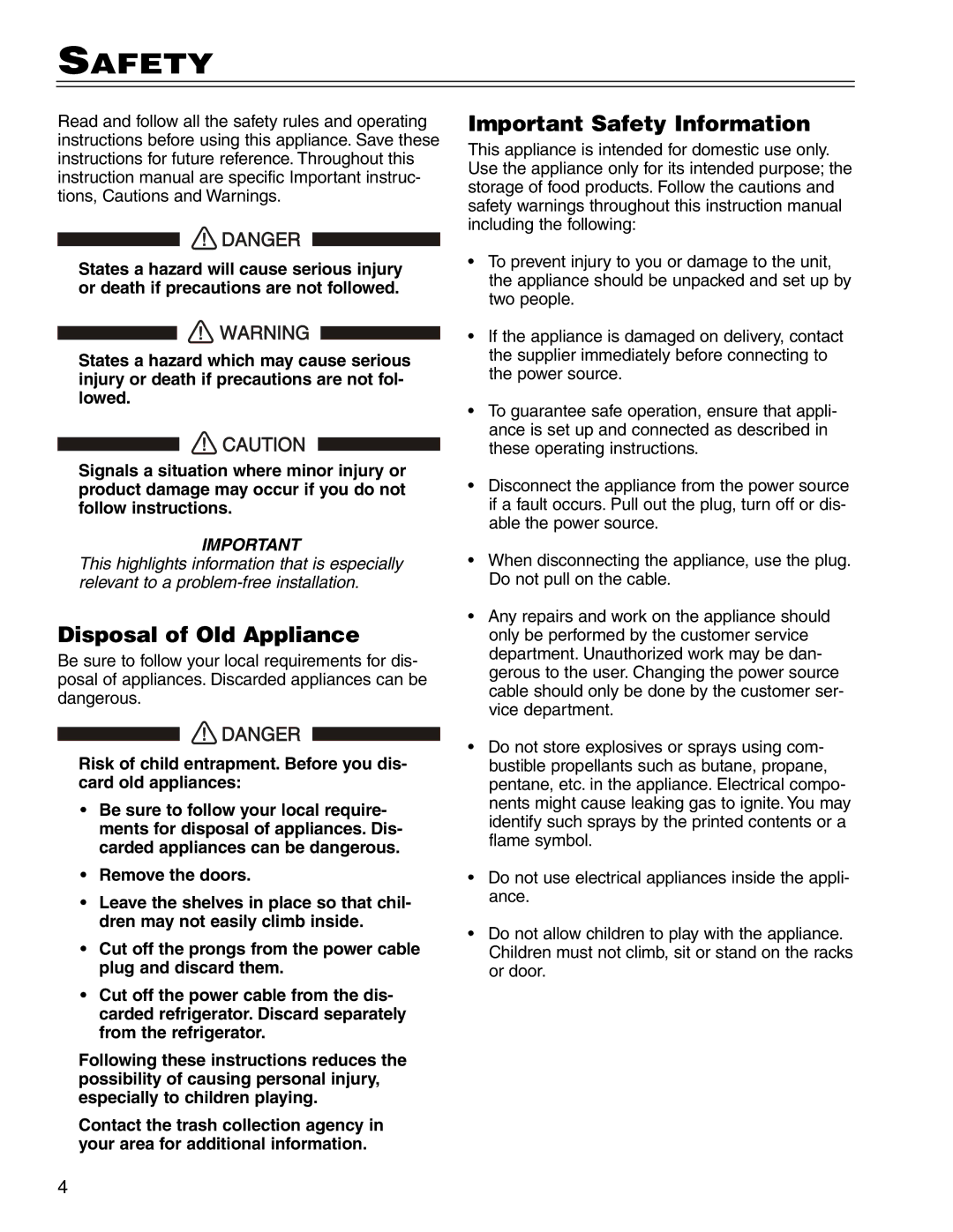 Liebherr WU 40 manual Disposal of Old Appliance, Important Safety Information 