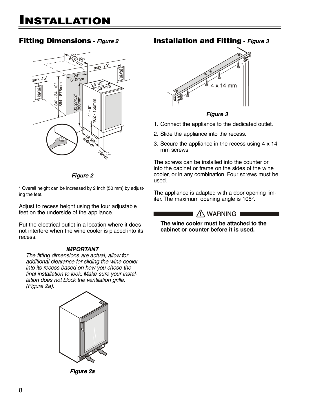 Liebherr WU 40 manual Fitting Dimensions - Figure, Installation and Fitting - Figure 