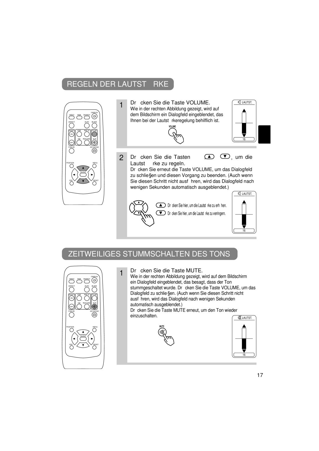 Liesegang 292, 293 user manual Regeln DER Lautstärke, Zeitweiliges Stummschalten DES Tons, Drücken Sie die Taste Volume 