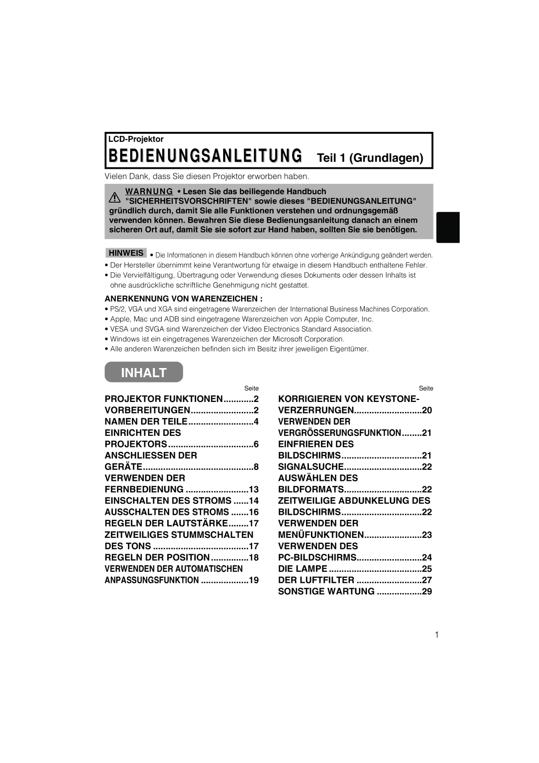 Liesegang 292, 293 user manual Inhalt, LCD-Projektor 