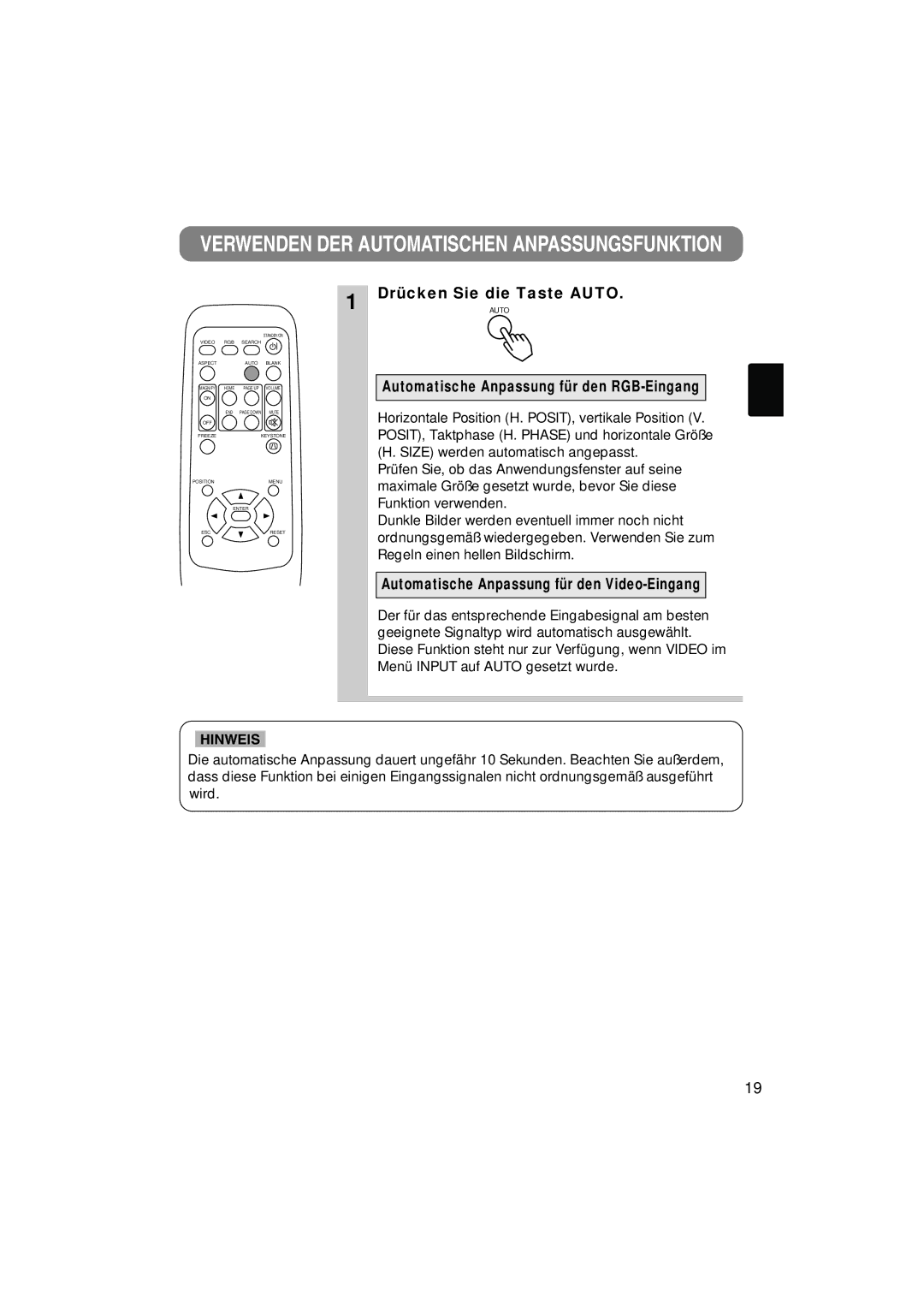 Liesegang 292, 293 user manual Drücken Sie die Taste Auto, Automatische Anpassung für den RGB-Eingang 