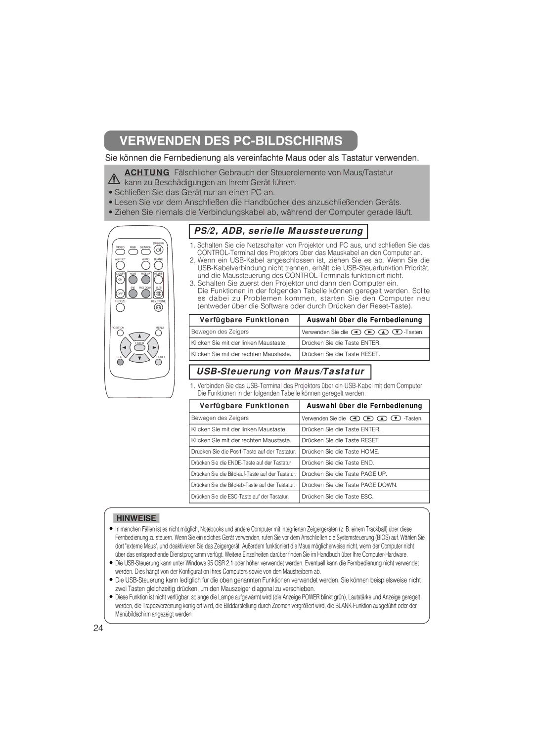 Liesegang 293, 292 user manual Verwenden DES PC-BILDSCHIRMS, PS/2, ADB, serielle Maussteuerung 