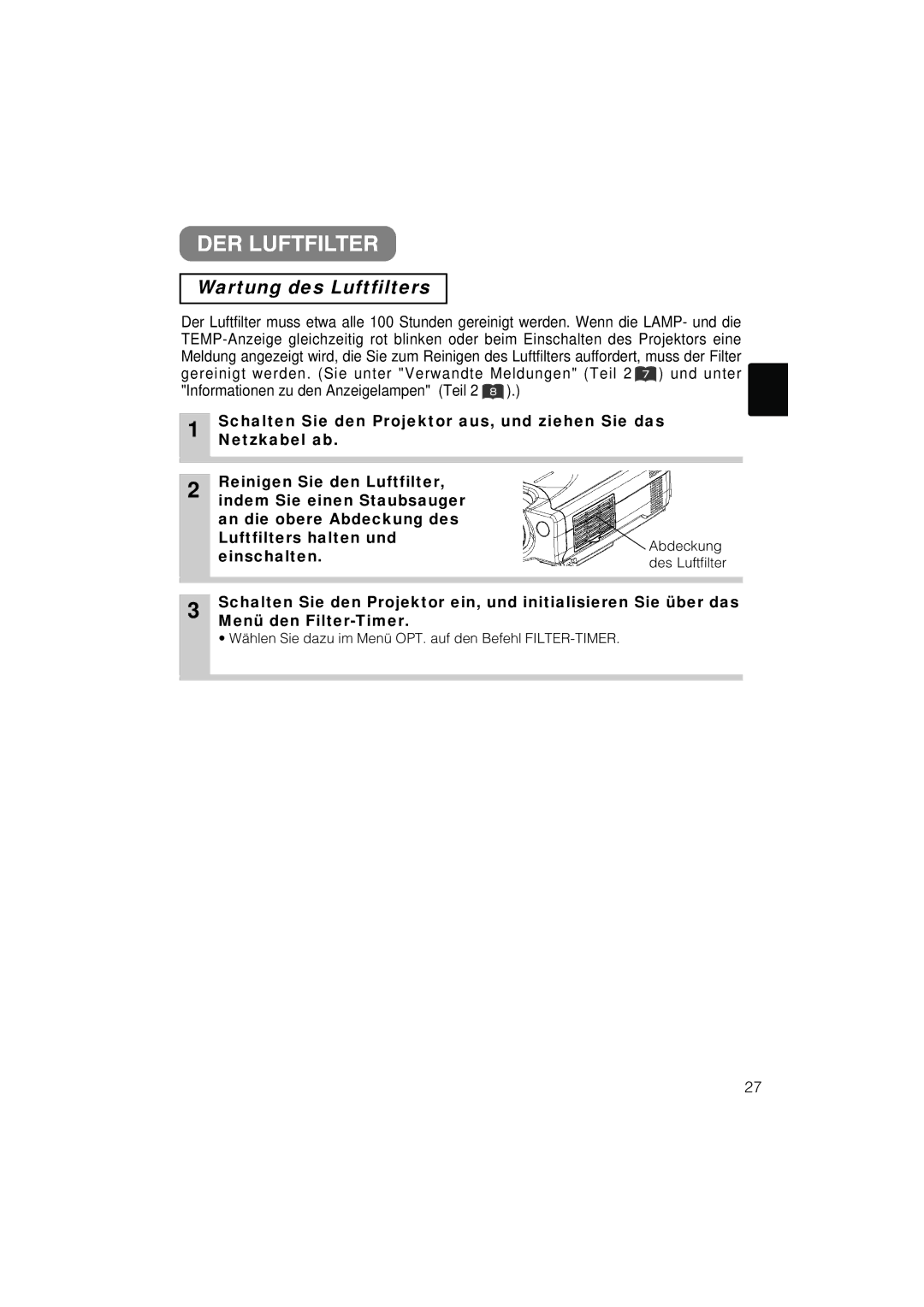 Liesegang 292, 293 user manual DER Luftfilter, Wartung des Luftfilters 