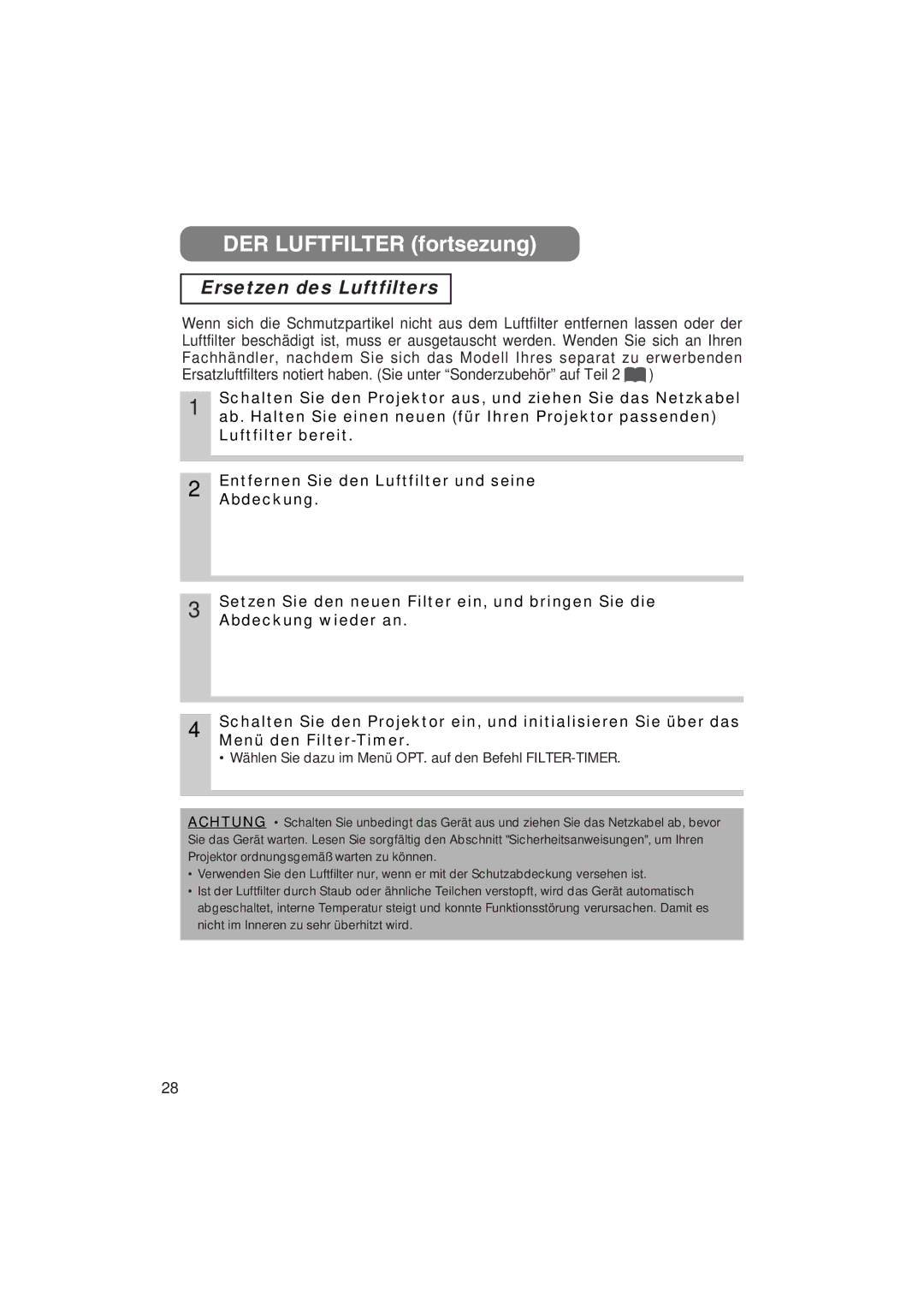 Liesegang 293, 292 user manual DER Luftfilter fortsezung, Ersetzen des Luftfilters 