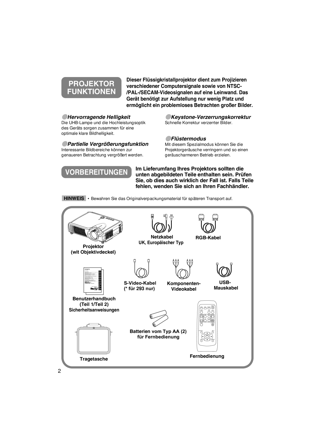 Liesegang 293, 292 user manual Projektor Funktionen, Im Lieferumfang Ihres Projektors sollten die, Tragetasche Fernbedienung 