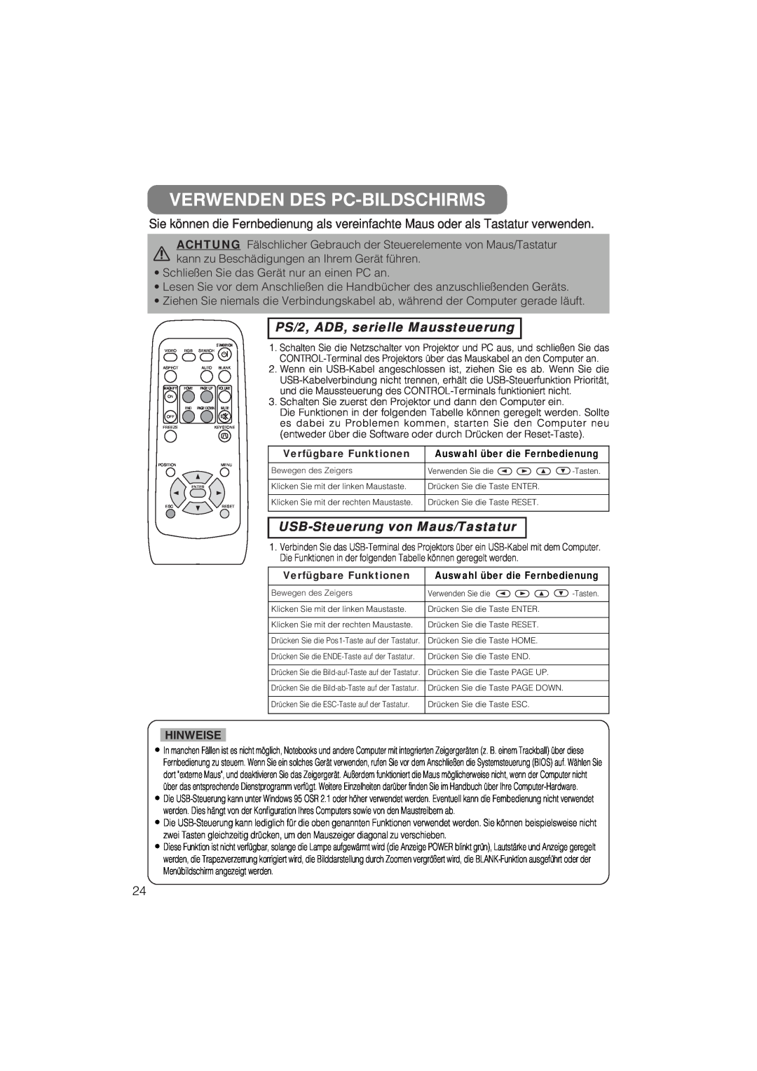 Liesegang 293 Verwenden Des Pc-Bildschirms, PS/2, ADB, serielle Maussteuerung, USB-Steuerung von Maus/Tastatur, Hinweise 