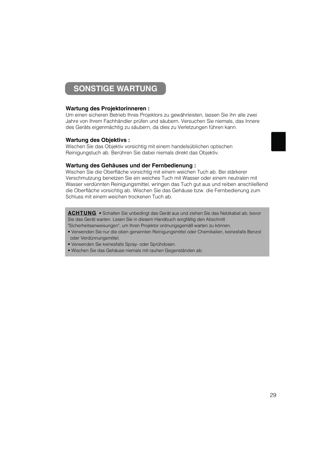 Liesegang 292, 293 user manual Sonstige Wartung, Wartung des Projektorinneren, Wartung des Objektivs 