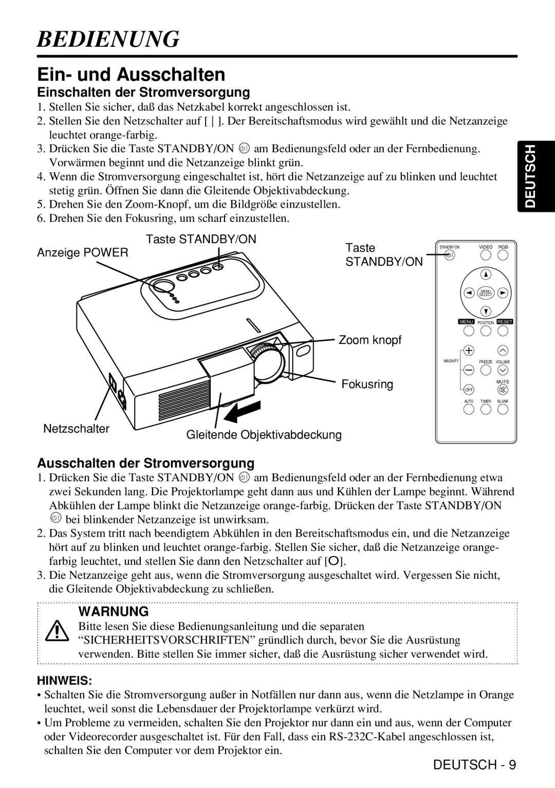 Liesegang dv305 Bedienung, Ein- und Ausschalten, Einschalten der Stromversorgung, Ausschalten der Stromversorgung 