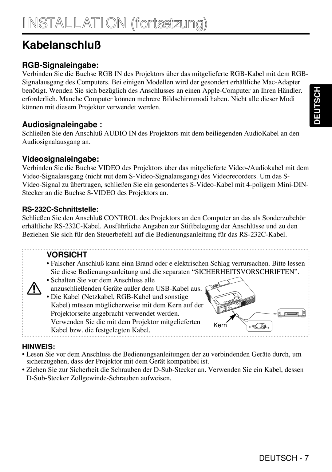 Liesegang dv305 Installation fortsetzung, Kabelanschluß, RGB-Signaleingabe, Audiosignaleingabe, Videosignaleingabe 