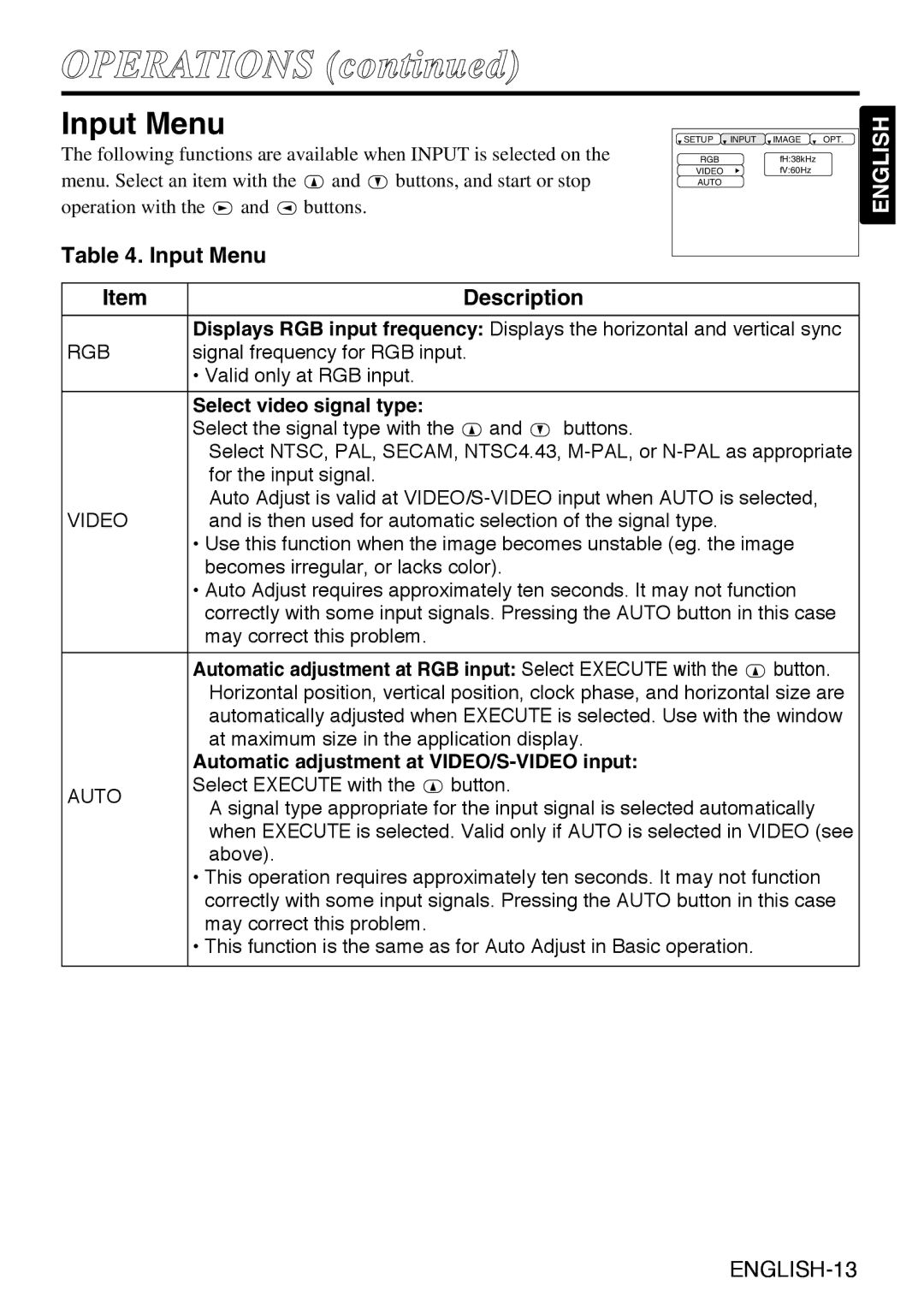 Liesegang dv335 user manual Input Menu, Rgb, Select video signal type, Video 