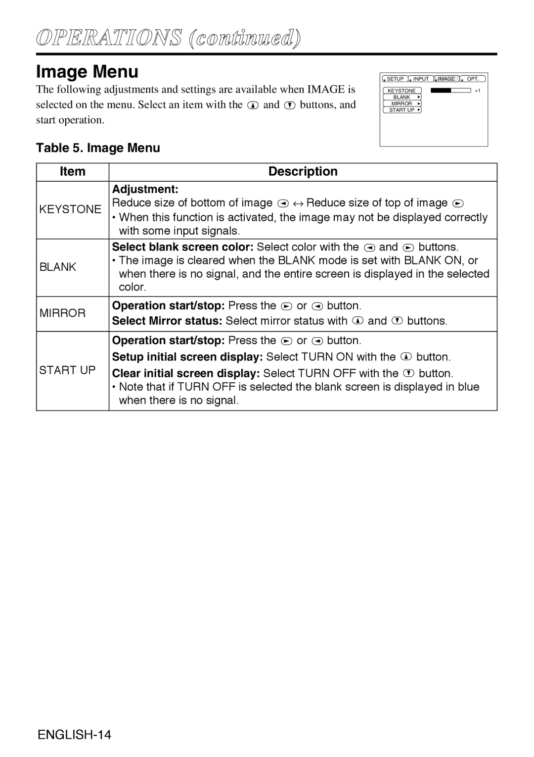 Liesegang dv335 user manual Image Menu, Adjustment, Operation start/stop Press the or button 