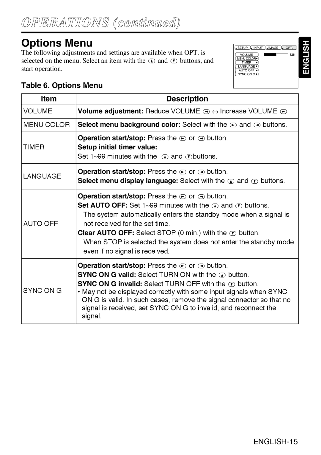 Liesegang dv335 user manual Options Menu, Operation start/stop Press, Setup initial timer value 