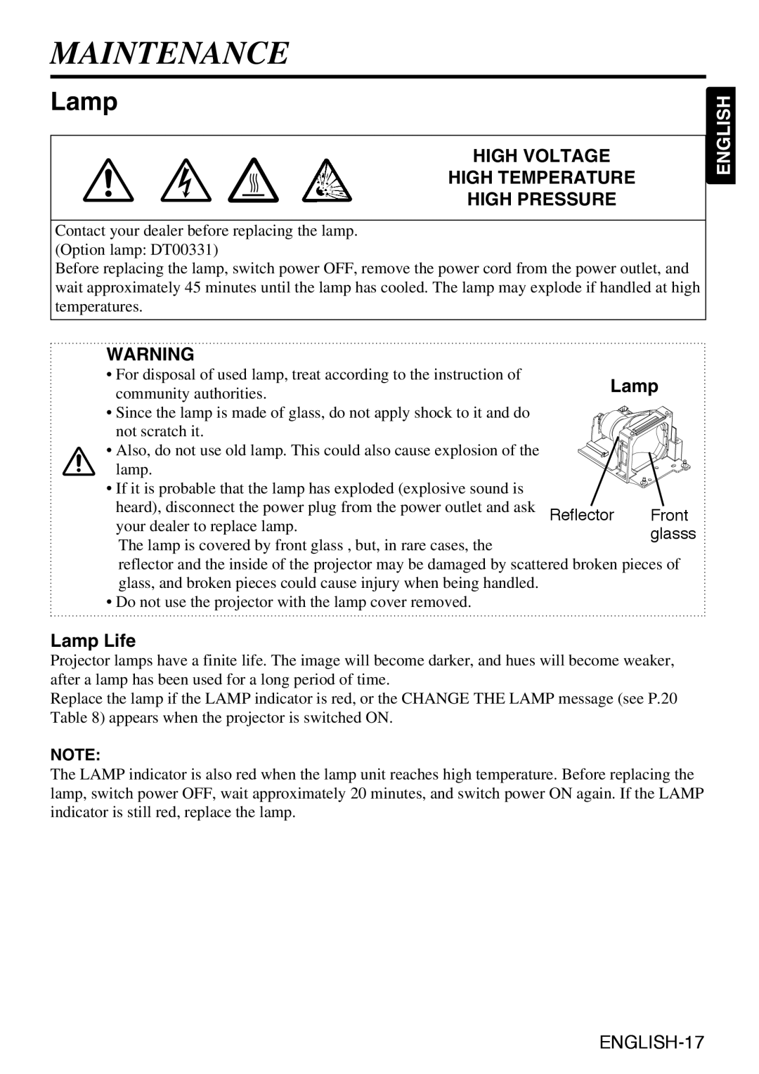 Liesegang dv335 user manual Maintenance, Lamp Life, Reflector Front 