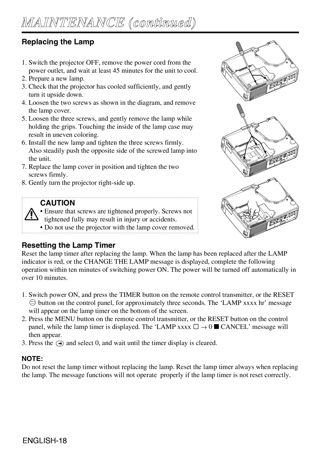 Liesegang dv335 user manual Maintenance, Replacing the Lamp, Resetting the Lamp Timer 