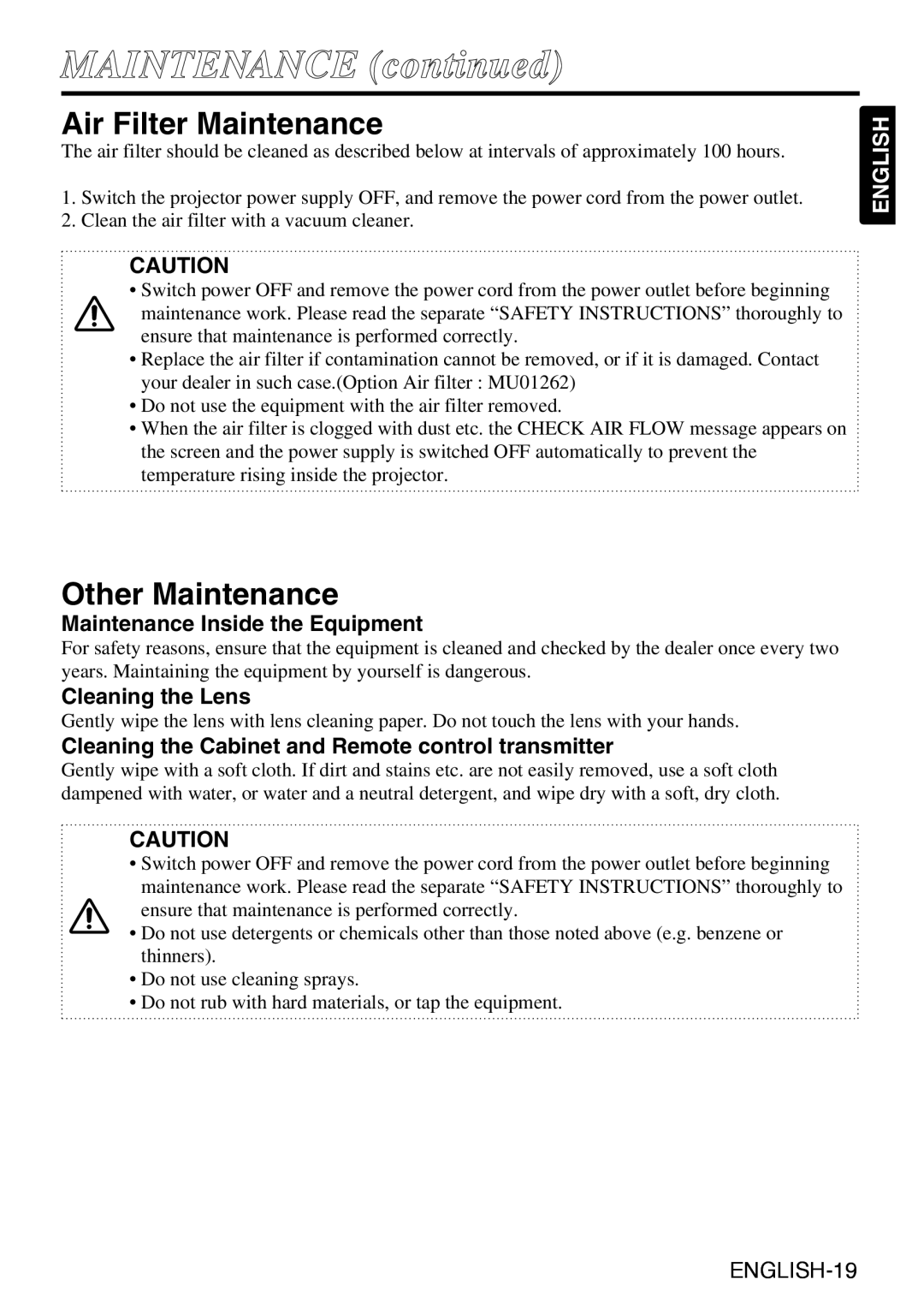 Liesegang dv335 user manual Air Filter Maintenance, Other Maintenance, Maintenance Inside the Equipment, Cleaning the Lens 