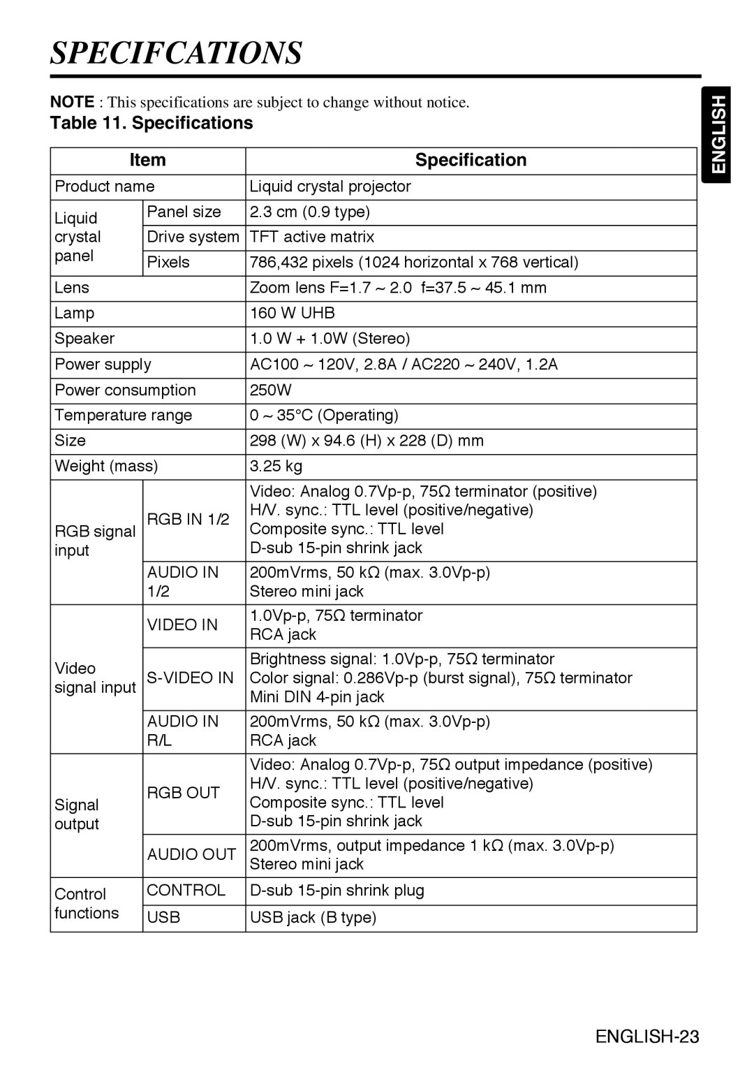 Liesegang dv335 user manual Specifcations, Specifications 