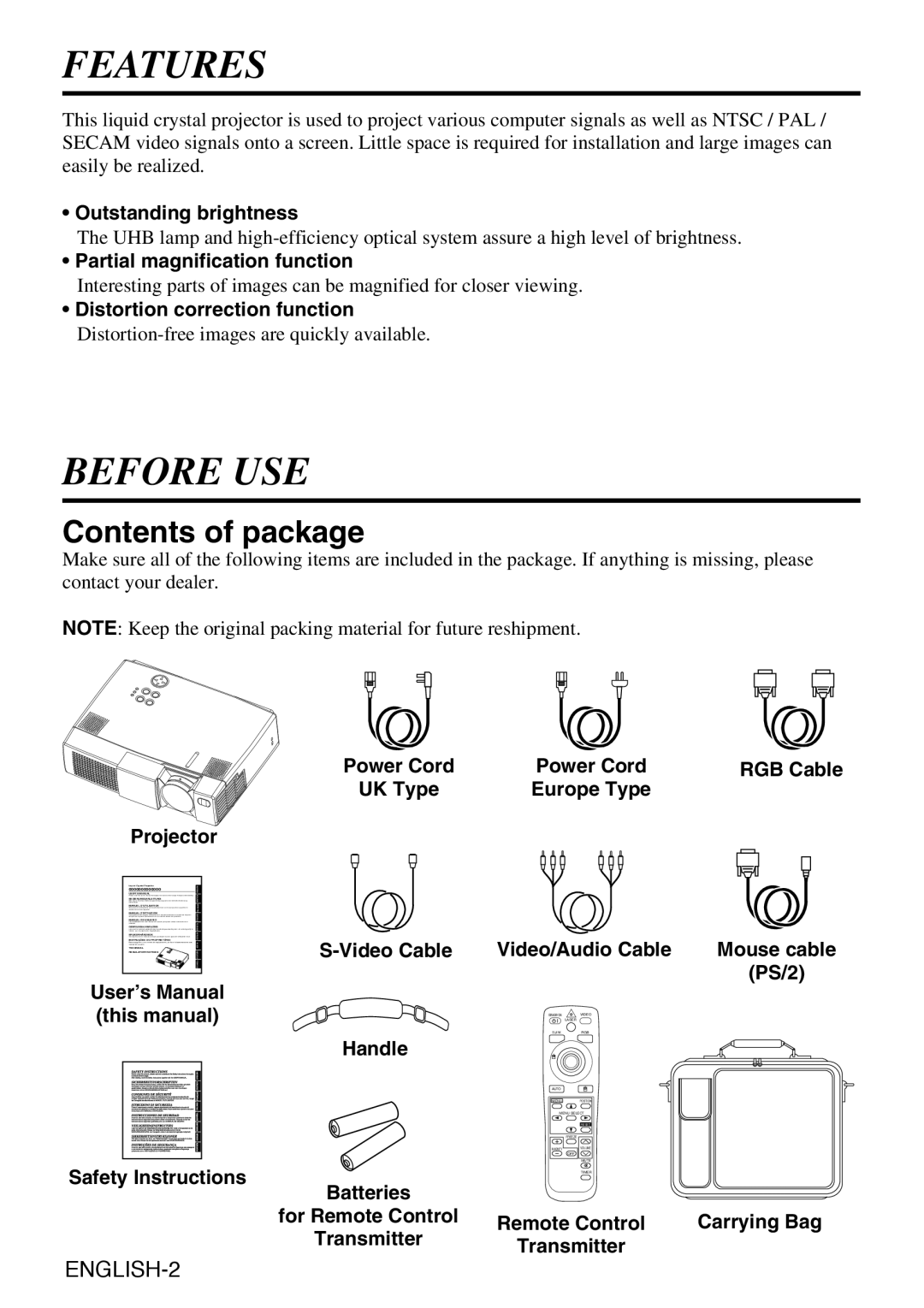 Liesegang dv335 user manual Features, Before USE, Contents of package 