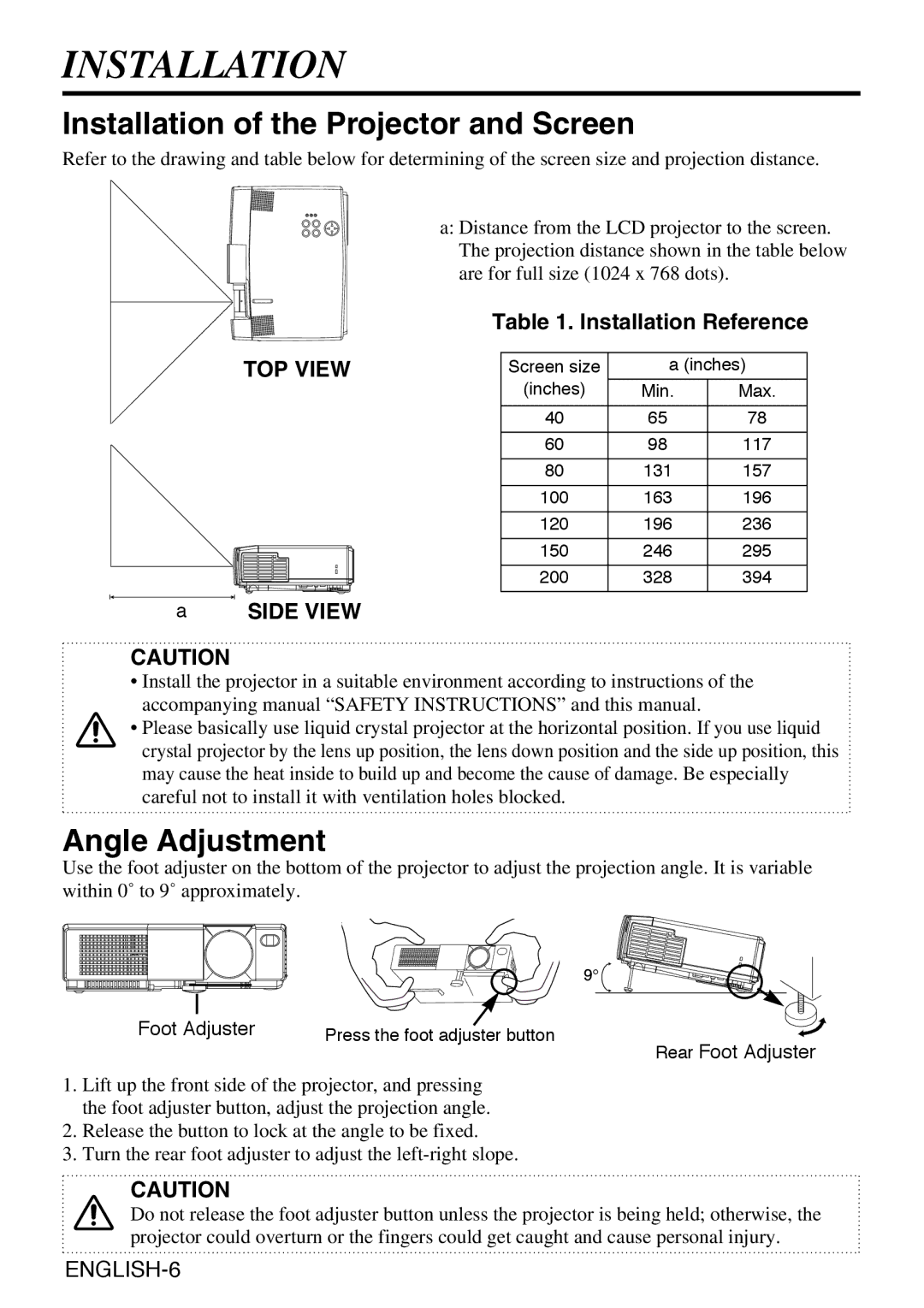 Liesegang dv335 Installation of the Projector and Screen, Angle Adjustment, Installation Reference, Side View 