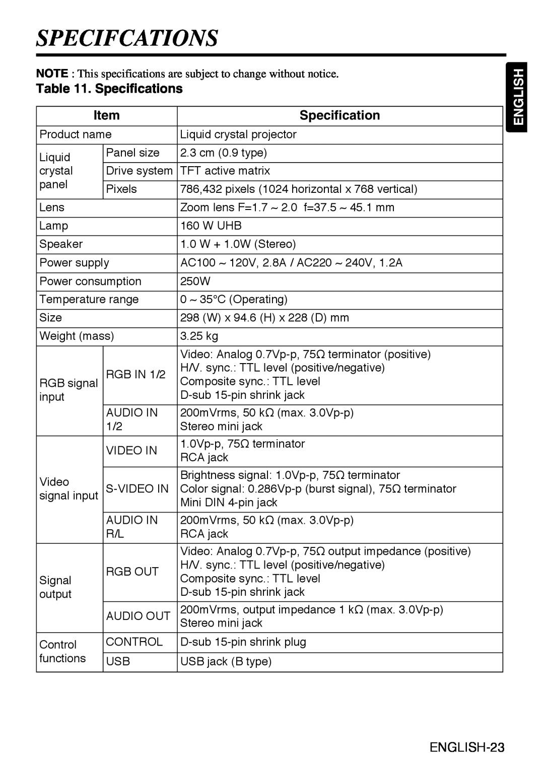 Liesegang dv335 user manual Specifcations, Specifications, ENGLISH-23, English 
