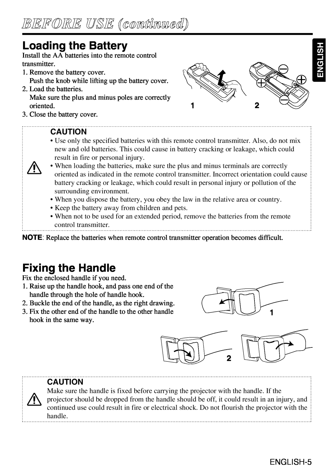 Liesegang dv335 user manual Loading the Battery, Fixing the Handle, ENGLISH-5, BEFORE USE continued, English 