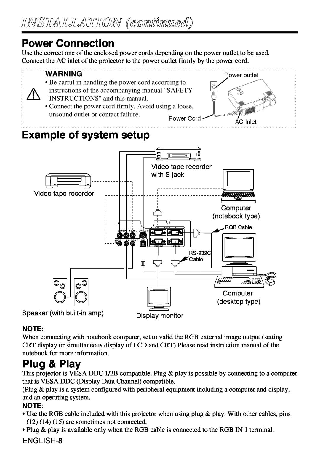 Liesegang dv335 user manual Power Connection, Example of system setup, Plug & Play, ENGLISH-8, INSTALLATION continued 