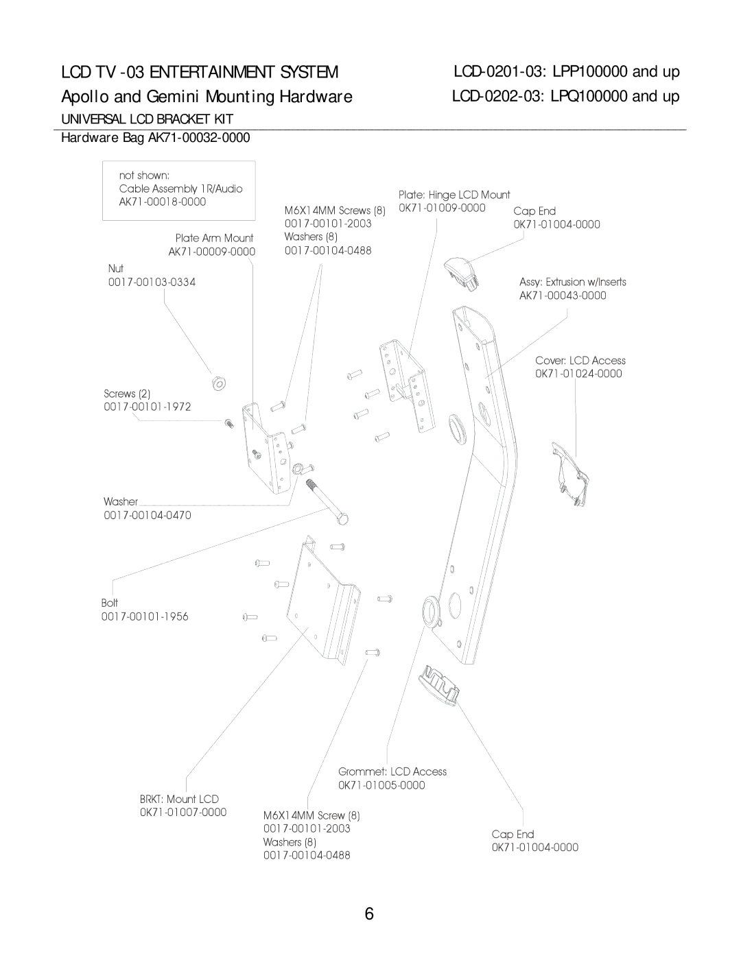 Life Fitness 0202-03, 0201-03 manual Apollo and Gemini Mounting Hardware, Universal LCD Bracket KIT 