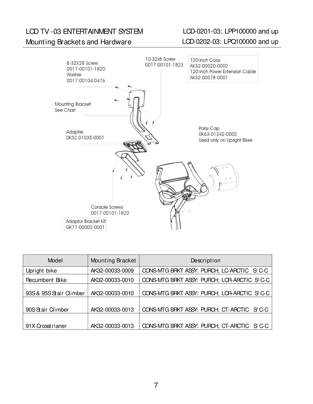 Life Fitness 0201-03, 0202-03 manual Mounting Brackets and Hardware, CONS-MTG Brkt Assy Purch LC-ARCTIC 