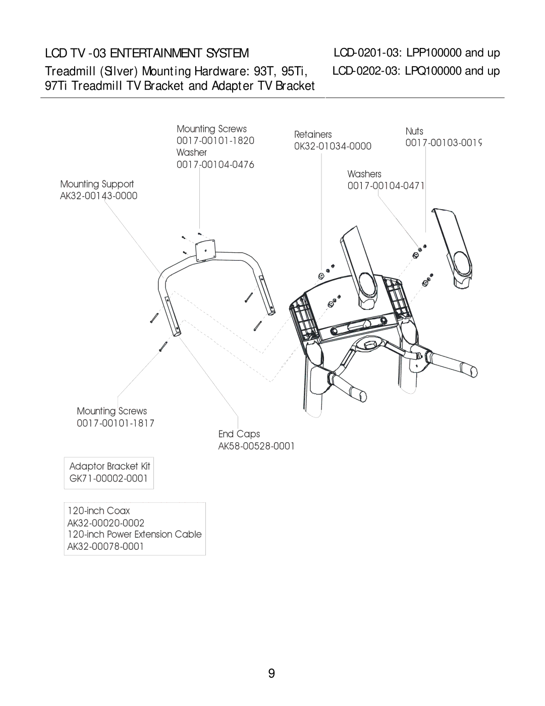 Life Fitness 0201-03, 0202-03 manual Treadmill Silver Mounting Hardware 93T, 95Ti 