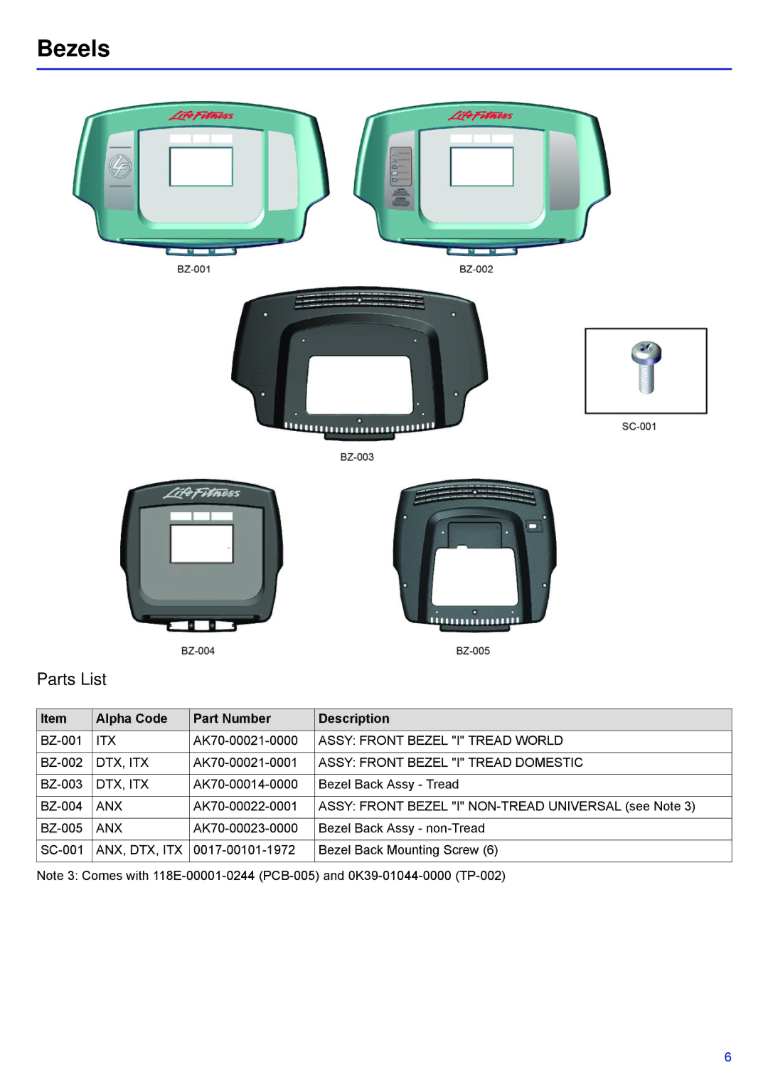 Life Fitness 07DT-XXXXX-XX manual Bezels, Parts List 