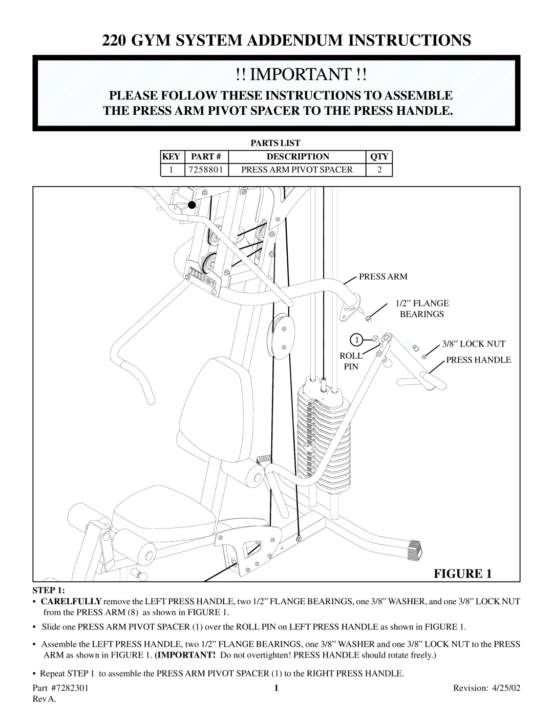 Life Fitness 220 manual GYM System Addendum Instructions, Parts List KEY Description QTY, Step 