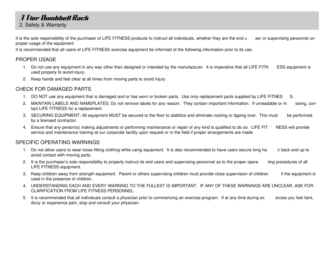 Life Fitness 3 Tier Dumbbell Rack owner manual Safety & Warranty, Proper Usage 