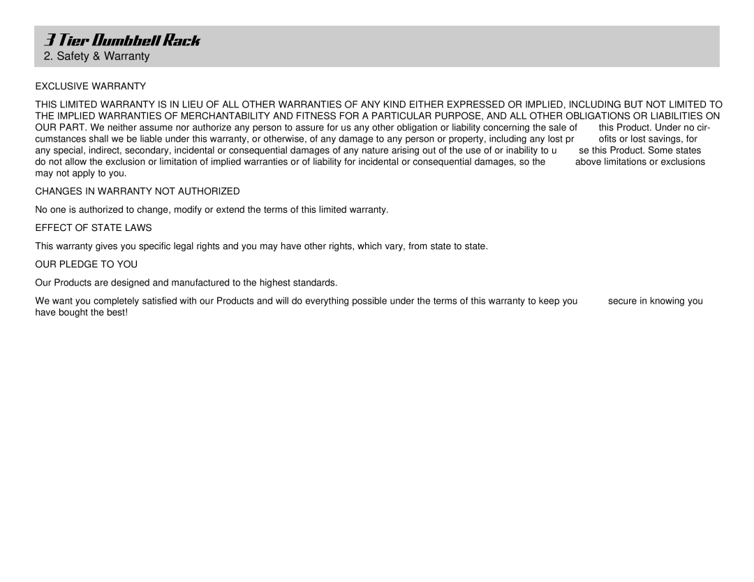 Life Fitness 3 Tier Dumbbell Rack owner manual Exclusive Warranty, Changes in Warranty not Authorized, Effect of State Laws 