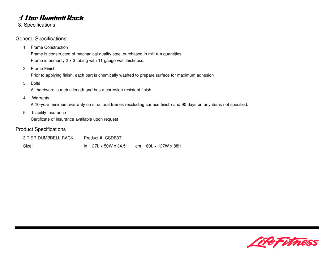 Life Fitness 3 Tier Dumbbell Rack owner manual Specifications General Specifications, Product Specifications 