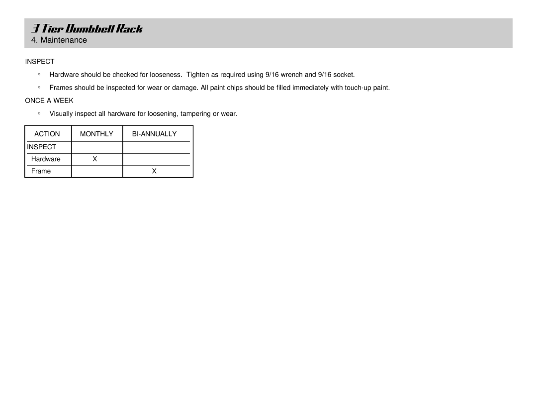 Life Fitness 3 Tier Dumbbell Rack owner manual Maintenance, Inspect, Once a Week 