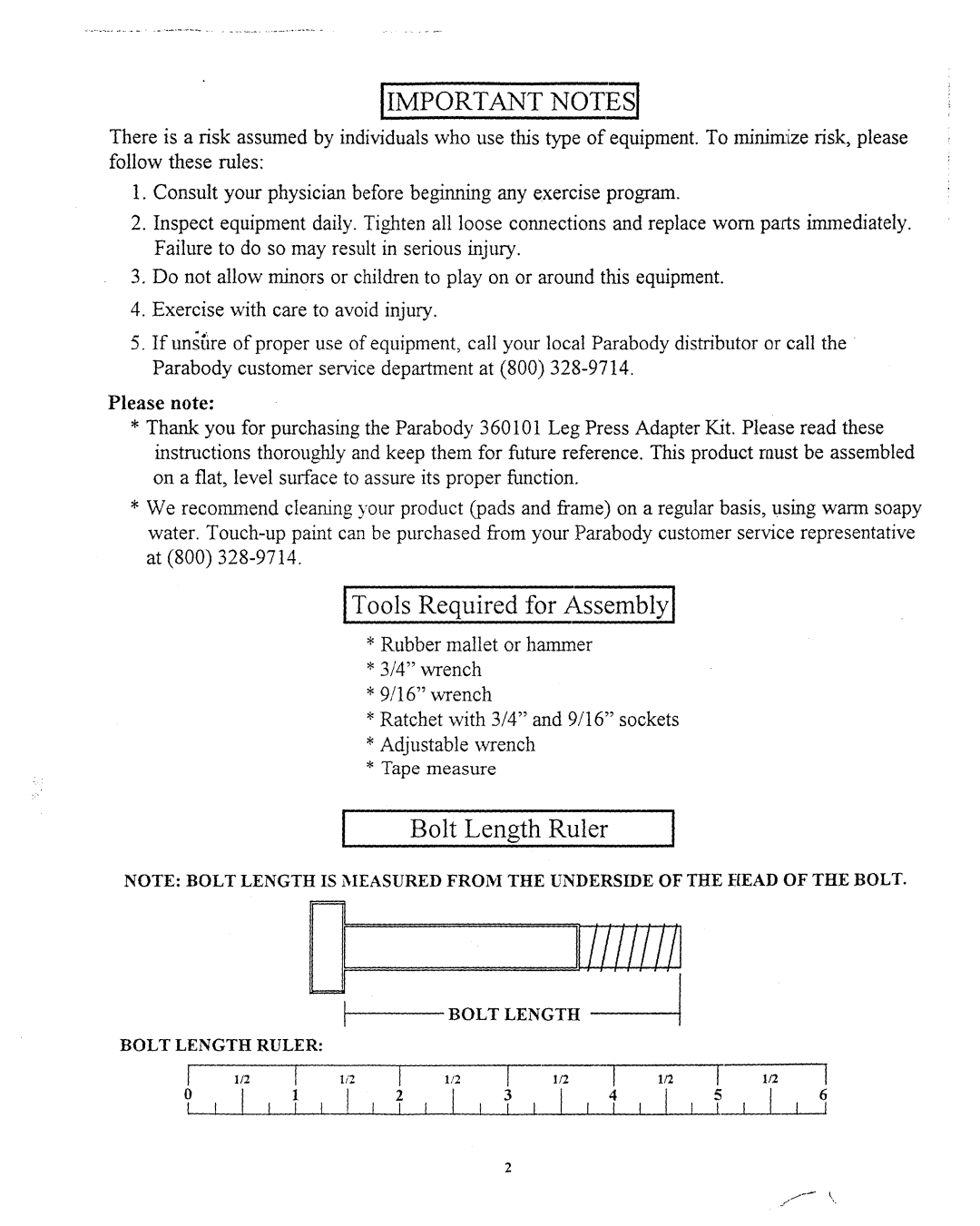 Life Fitness 360101 manual Bolt Length Ruler 