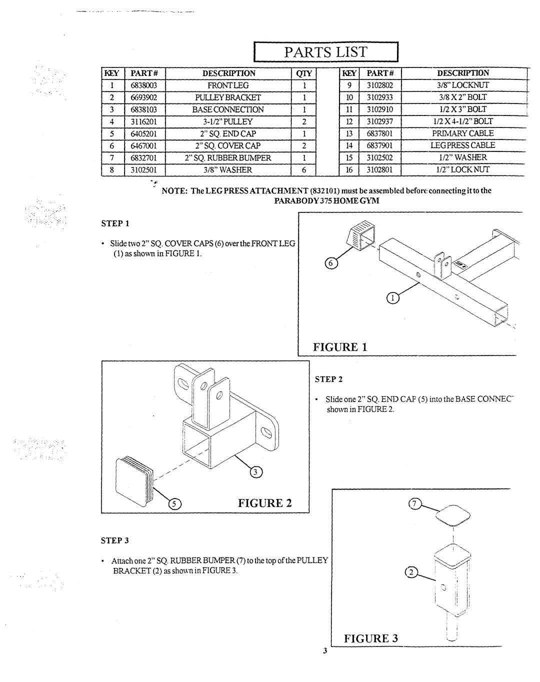 Life Fitness 360101 manual Qiy, Fron~Fleg, Locknut, Base Connection, SQ. Endcap, Prlmarycable, Legpress Cable, Washer 