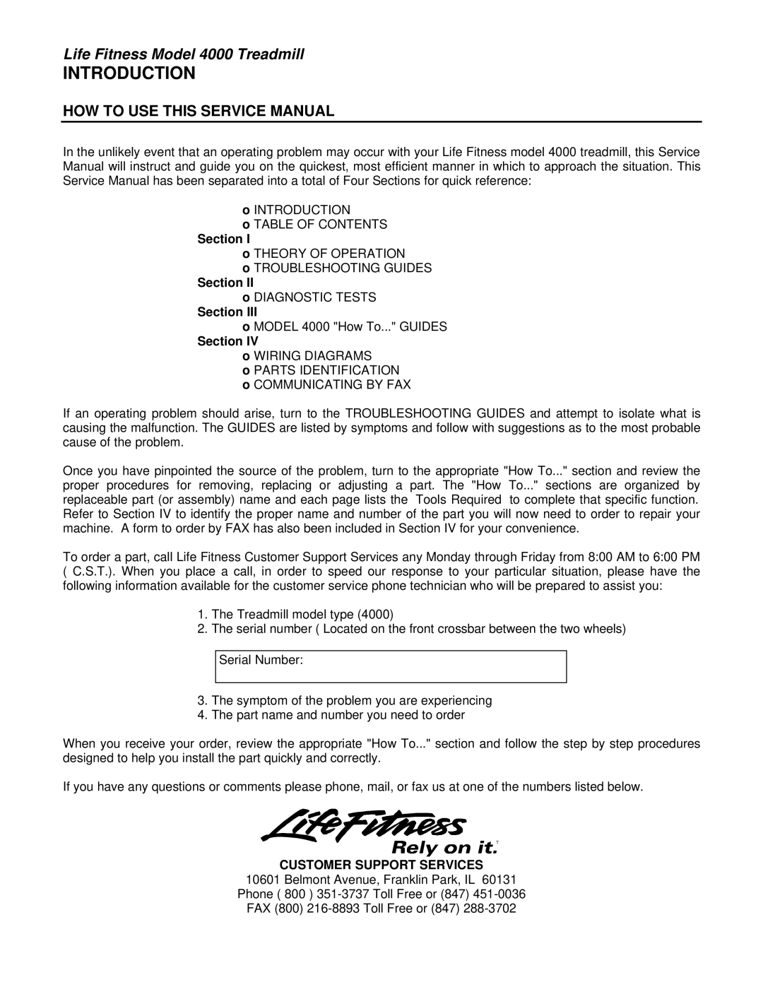 Life Fitness 4000 service manual Introduction, Section 