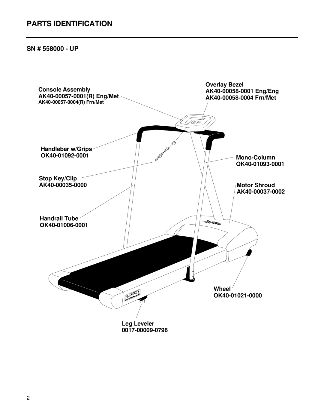 Life Fitness 4000 service manual Parts Identification, SN # 558000 UP 