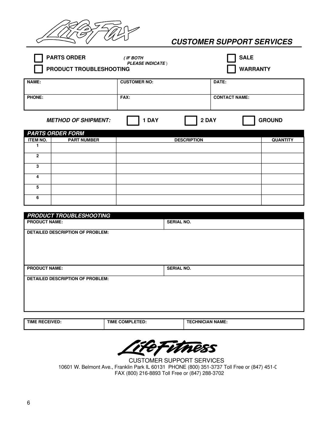 Life Fitness 4000 service manual Customer Support Services 