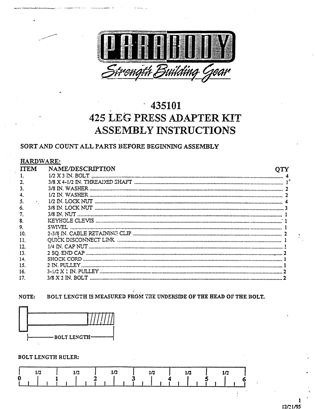 Life Fitness 435101 manual Hardware NAME.DESCRIPTION, Bolt Length 