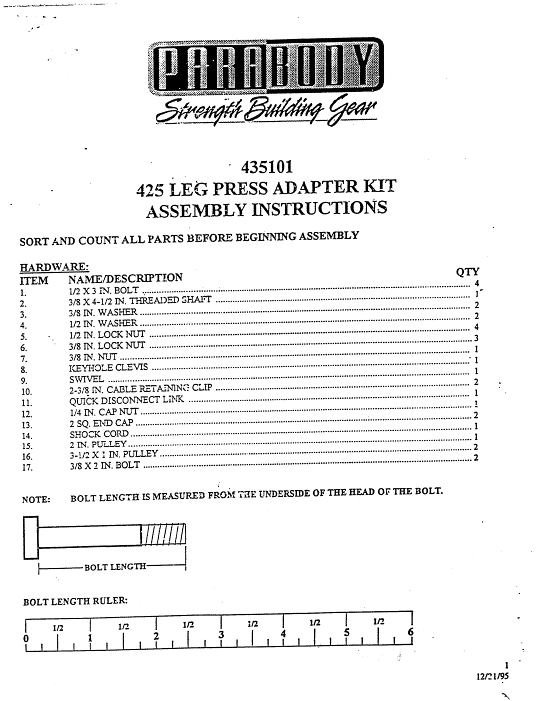 Life Fitness 435101 manual LEG Press AD,.MTER KIT Assembly Instructions, Qty 