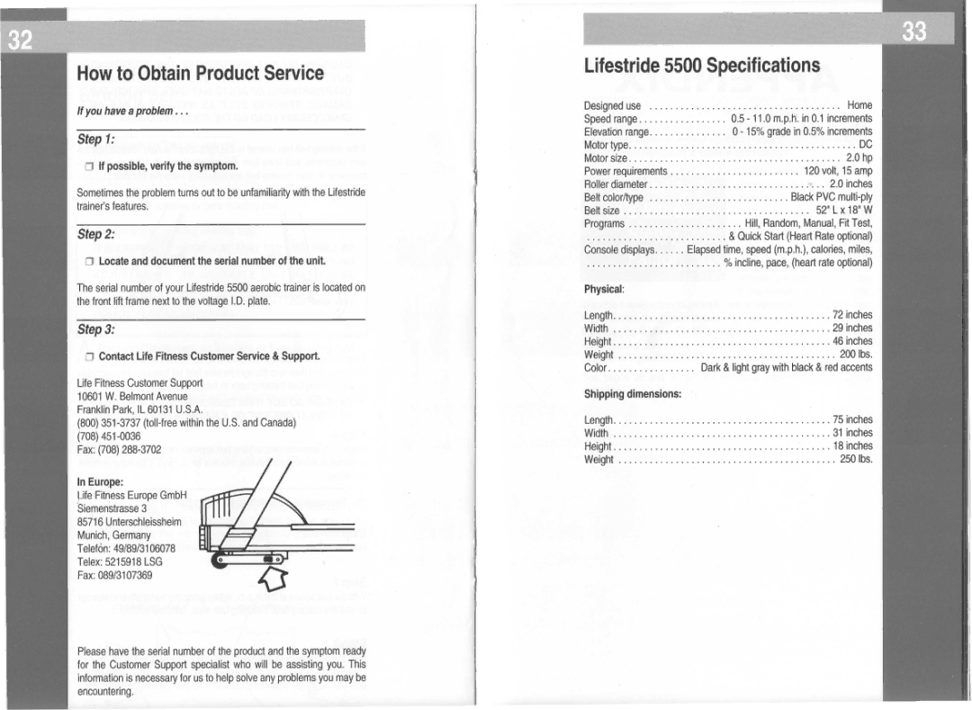 Life Fitness 5500 manual Power requirements 120volt,15amp Rollerdiameter Inches, If possible, verify the symptom, EurQpe 